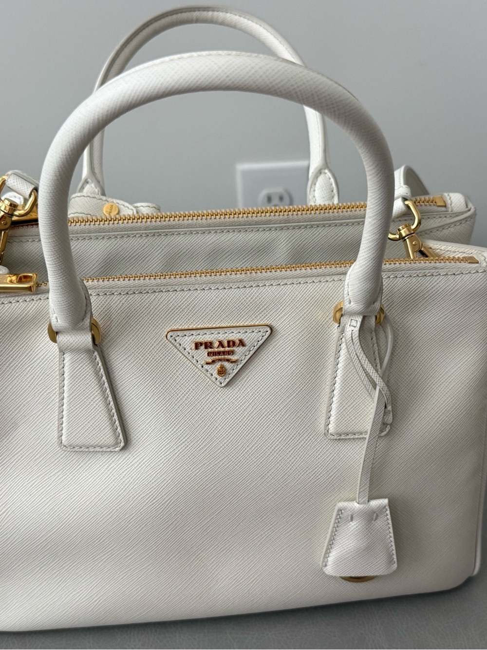 Prada White Saffiano Leather Satchel with Gold Hardware